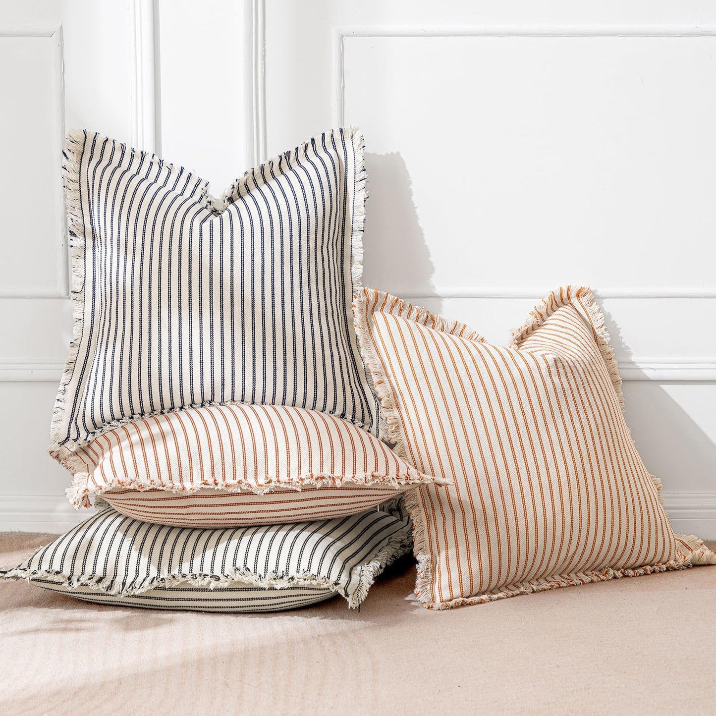 Fall Pack of 2 Rust Pillow Covers 20X20 Inch Striped Farmhouse Couch Throw Pillow Covers with Fringe Chic Linen Decorative Cushion Covers for Sofa Living Room Bed Outdoor Home Decor