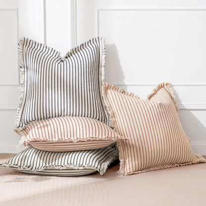 Fall Pack of 2 Rust Pillow Covers 20X20 Inch Striped Farmhouse Couch Throw Pillow Covers with Fringe Chic Linen Decorative Cushion Covers for Sofa Living Room Bed Outdoor Home Decor