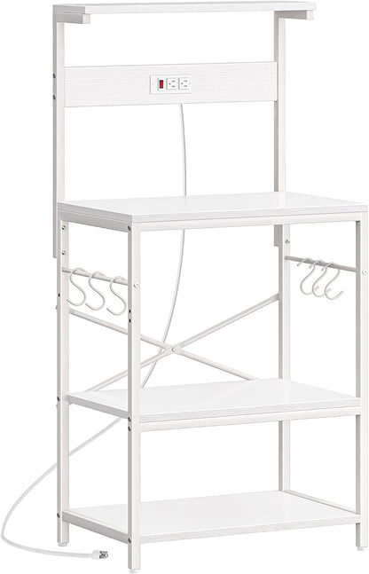 Professional Kitchen Bakers Rack with Power Outlet, 4-Tier Coffee Bar Table, Microwave Stand with 6 S-Shaped Hooks, Storage Shelf for Spices, Pots, and Pans - White