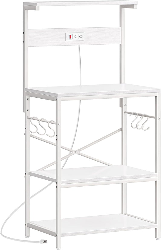 Professional Kitchen Bakers Rack with Power Outlet, 4-Tier Coffee Bar Table, Microwave Stand with 6 S-Shaped Hooks, Storage Shelf for Spices, Pots, and Pans - White