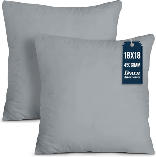 Throw Pillows Insert (Pack of 2, Grey) - 18 X 18 Inches Bed and Couch Pillows - Indoor Decorative Pillow