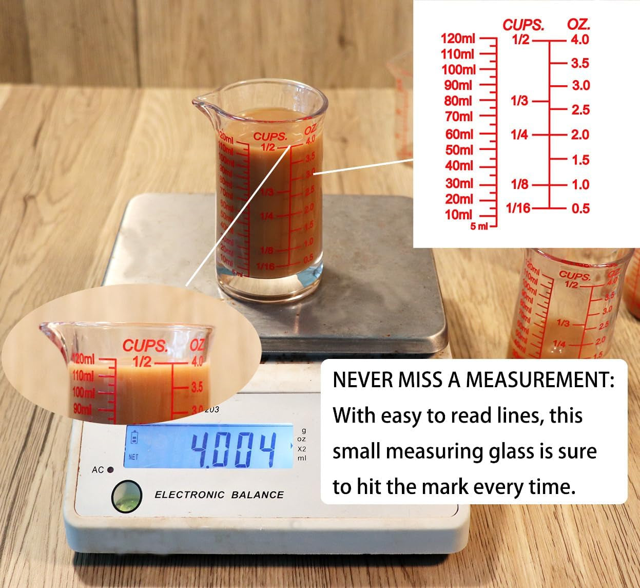 Ackers 4Oz Glass Measuring Cup – Shot Glass with Ounce,Ml,Cups Markings for Kitchen & Bar(Red Line)