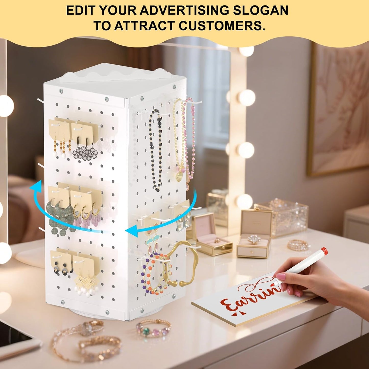 Metal Spinning Peg Board Display Stand with Removable Hooks – Earring Display Stands, Jewelry Display for Vendors White