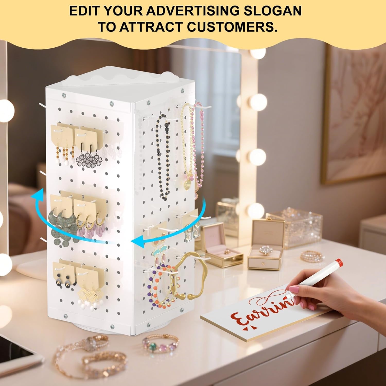 Metal Spinning Peg Board Display Stand with Removable Hooks – Earring Display Stands, Jewelry Display for Vendors White