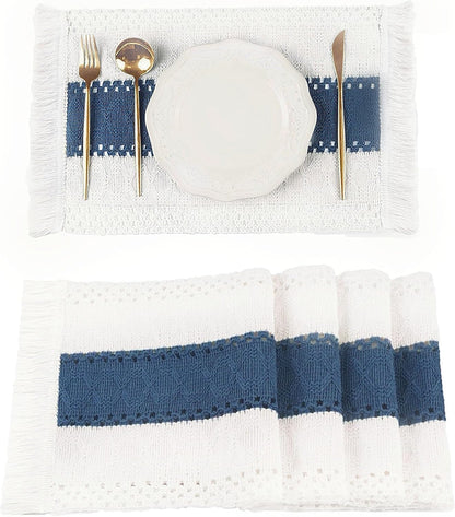 Blue Boho Placemats Set of 4, Macrame Table Decor and Farmhouse Style Placemats Natural Cotton Burlap, for Dining Table, Blue