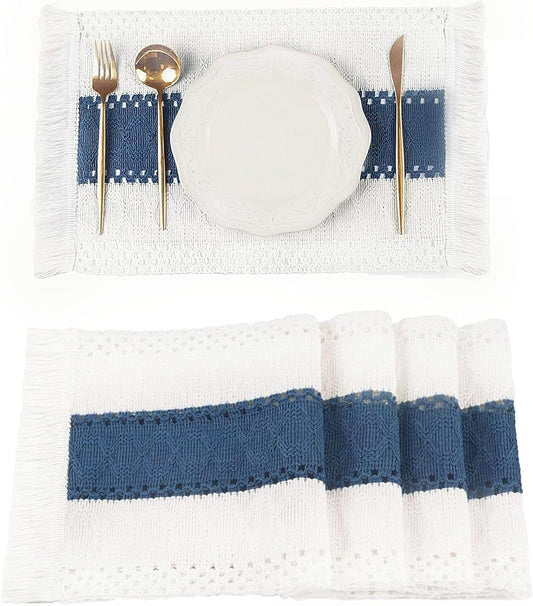 Blue Boho Placemats Set of 4, Macrame Table Decor and Farmhouse Style Placemats Natural Cotton Burlap, for Dining Table, Blue
