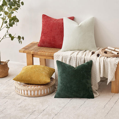Christmas Pack of 4 Couch Throw Pillow Covers 18X18 Inch Christmas Red/Green Soft Decorative Chenille Pillow Covers Farmhouse Accent Cushion Covers for Boho Home Decor Sofa Bedroom Living Room