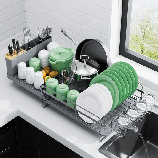 Extendable Dish Drying Rack, Large Drying Dish Rack with Cutlery & Cup Holders, Multifunctional Dish Racks for Counter with Drainage, 18.2"-25.7" L X 12.9" W, Grey
