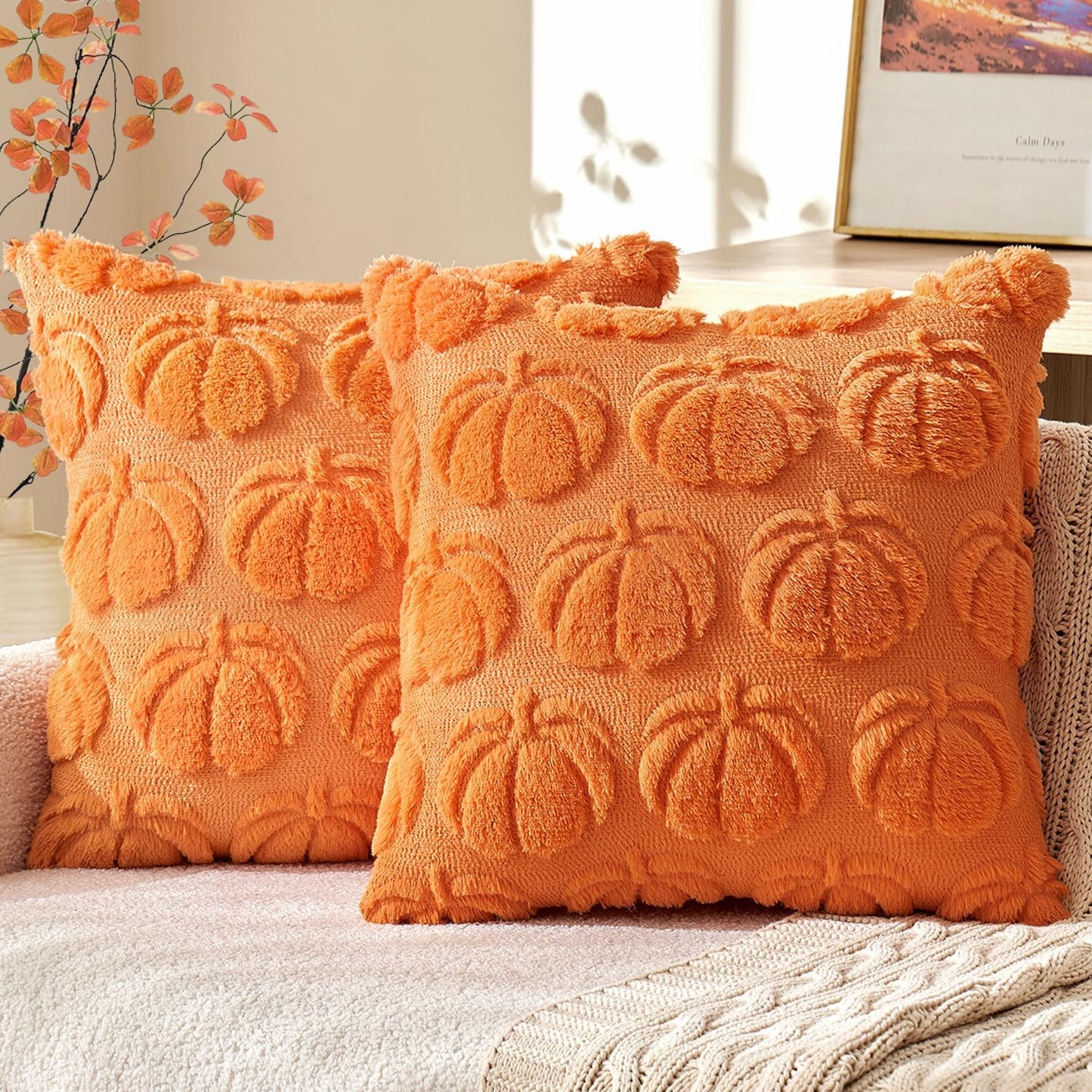 Fall Throw Pillow Covers 18X18 Set of 2 Autumn Decorations Orange Pumpkin Accent Pillowcase for Outdoor Porch Sofa Couch Bed Living Room Plush Faux Fur Halloween Farmhouse Home Decor