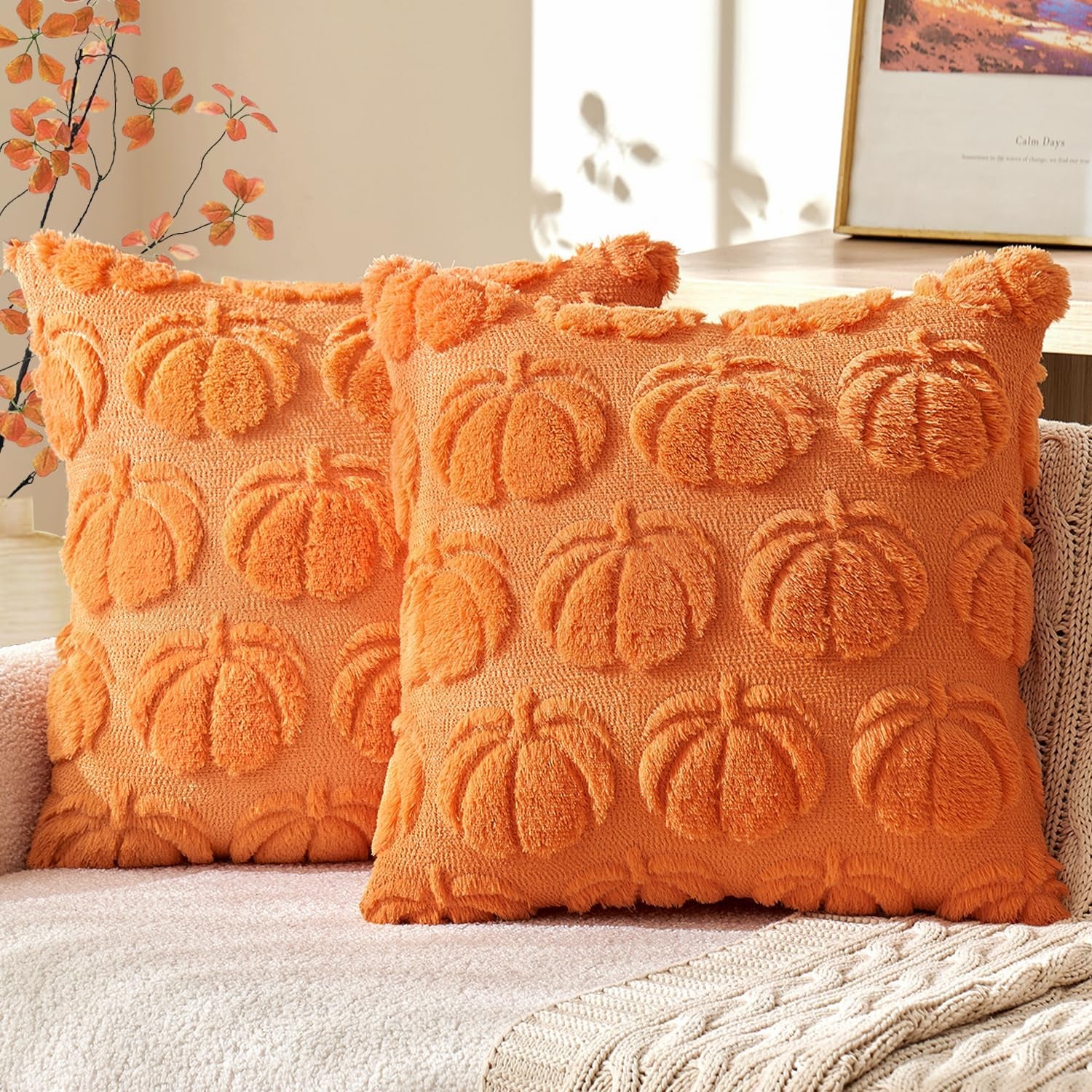 Fall Throw Pillow Covers 18X18 Set of 2 Autumn Decorations Orange Pumpkin Accent Pillowcase for Outdoor Porch Sofa Couch Bed Living Room Plush Faux Fur Halloween Farmhouse Home Decor