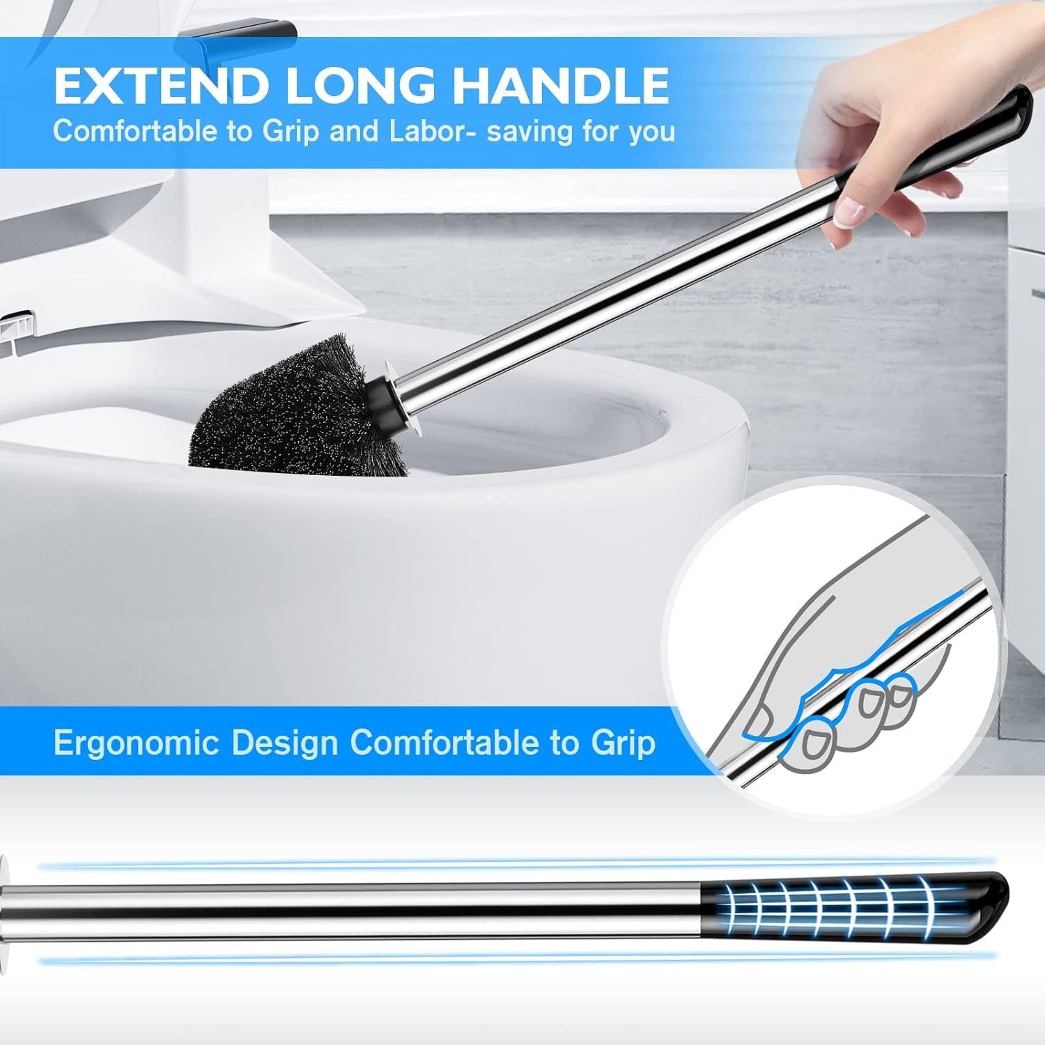 Toilet Brush and Holder Set, 304 Stainless Steel with Ergonomic Extended Handle - Durable and Practical Bathroom Cleaning Solution