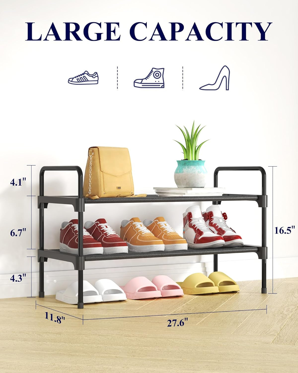 Shoe Rack for Closet, Sturdy and Long-Lasting Shoe Shelf, Shoe Rack for Entryway, Personalized DIY Shoe Organizer, Shoe Rack Organizer for Space-Saving, 27.6" X 11.8" X 16.5", Black