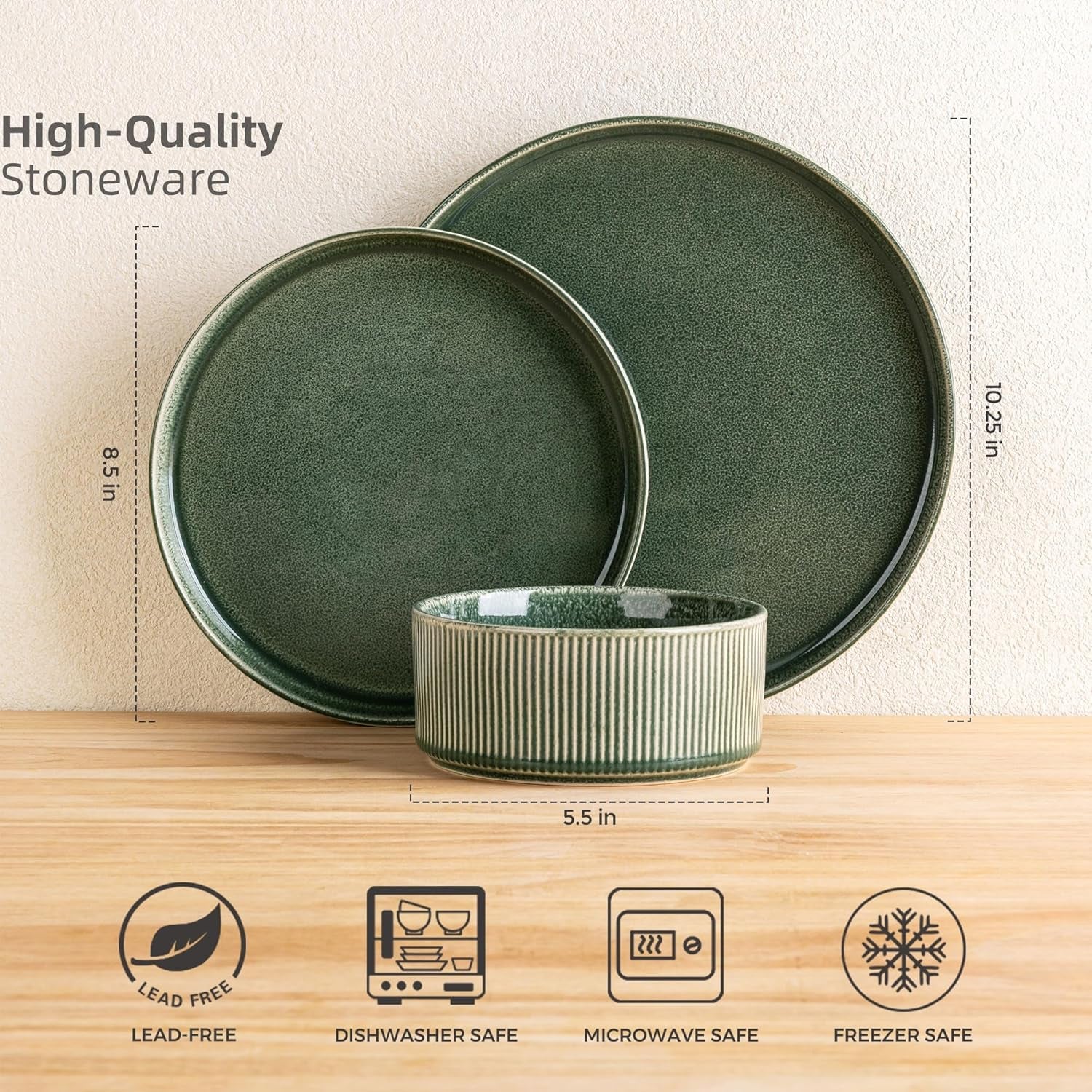 Stoneware Dinnerware Set for 4 - Round Reactive Glaze Ceramic Plates and Bowls, 12-Piece Set, Highly Scratch Resistant, Dishwasher and Microwave Safe