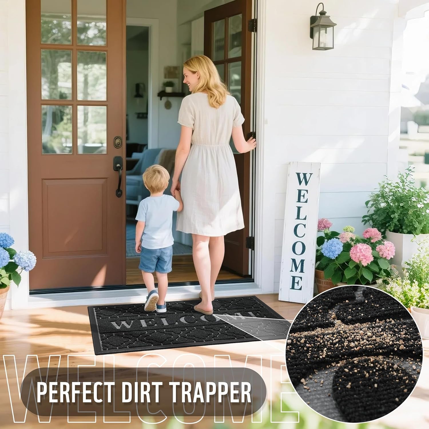 Welcome Mat Outdoor Indoor 29.5X17, All-Weather Waterproof Front Door Mat outside Entrance, Non-Slip Low Profile Porch Patio Doormat, Black