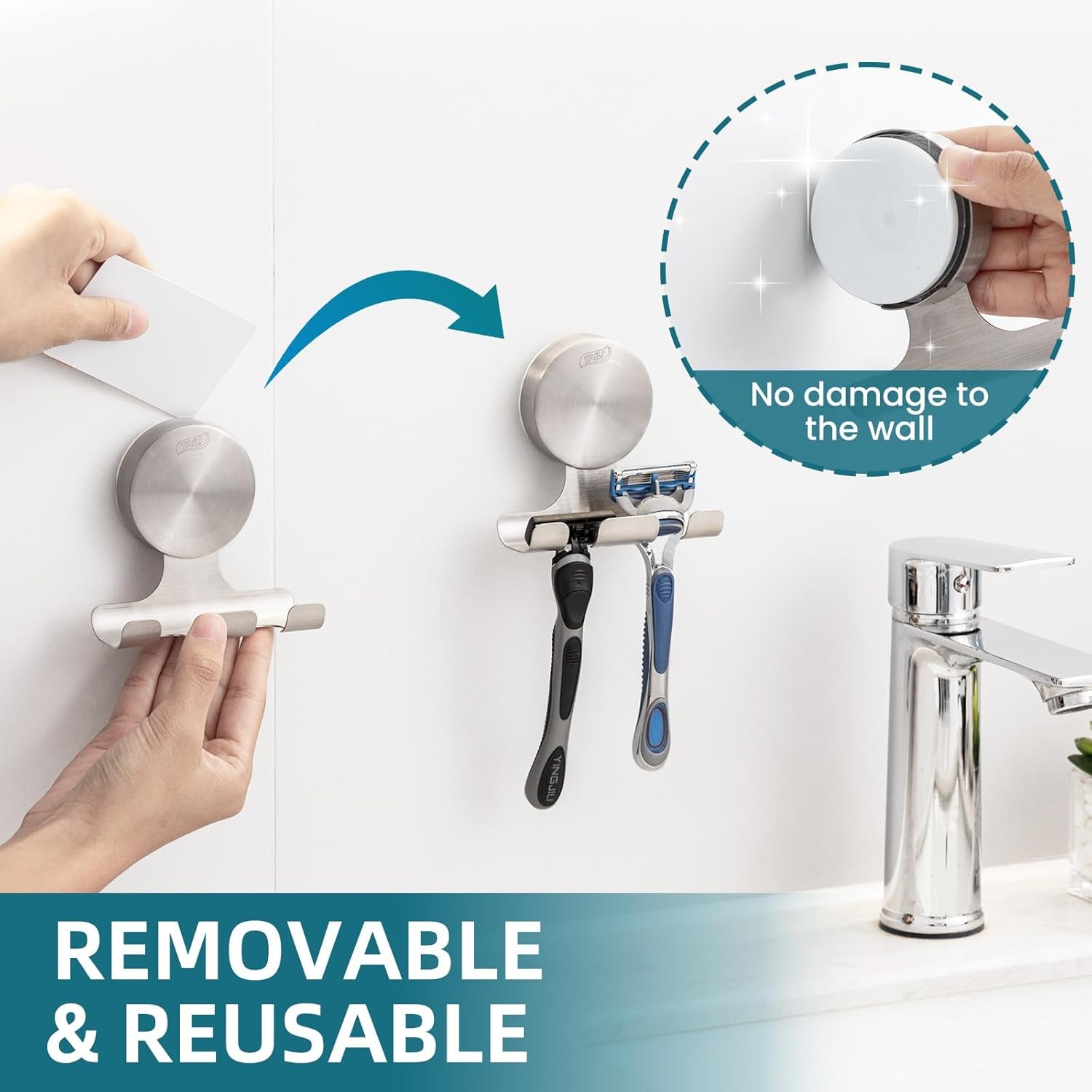 2 Pack Powerful Suction Cup Razor Holder, 304 Stainless Steel Bathroom Suction Hooks for Towel, Loofah, Bathrobe, Stylish Shaver Holder for Shower Wall, Easy to Install and Reuse, Silver