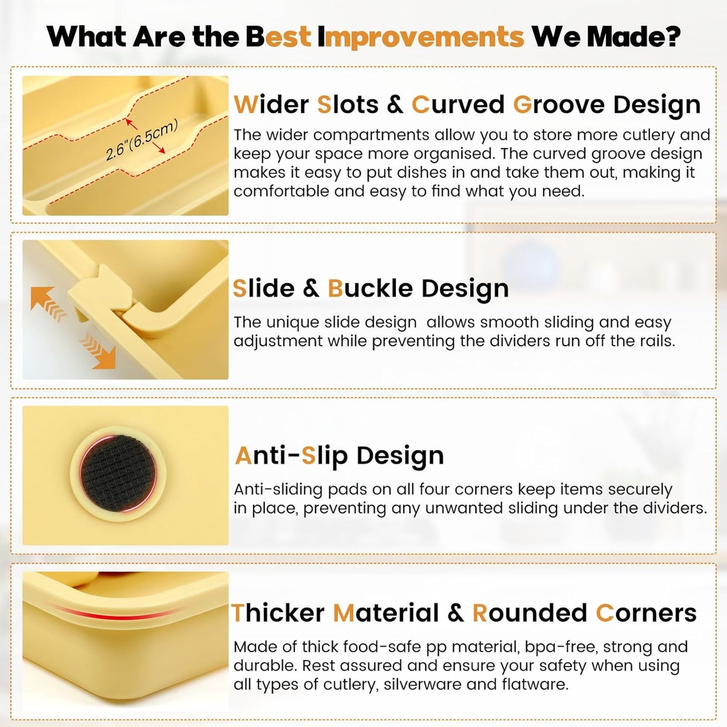 Expandable Large Silverware Organizer for Kitchen Drawers - BPA-Free Thick Plastic with Wider Compartments and Non-Skid Feet (Desert Sand)