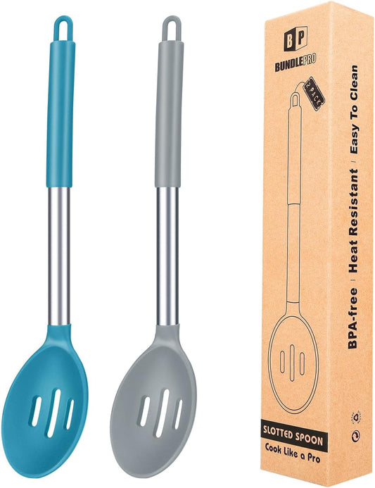 Pack of 2 Large Silicone Slotted Spoon Kitchen Skimmer with High Heat Resistant BPA Free Non Stick Cooking Ladle Strainers for Draining and Frying (Gray-Blue)