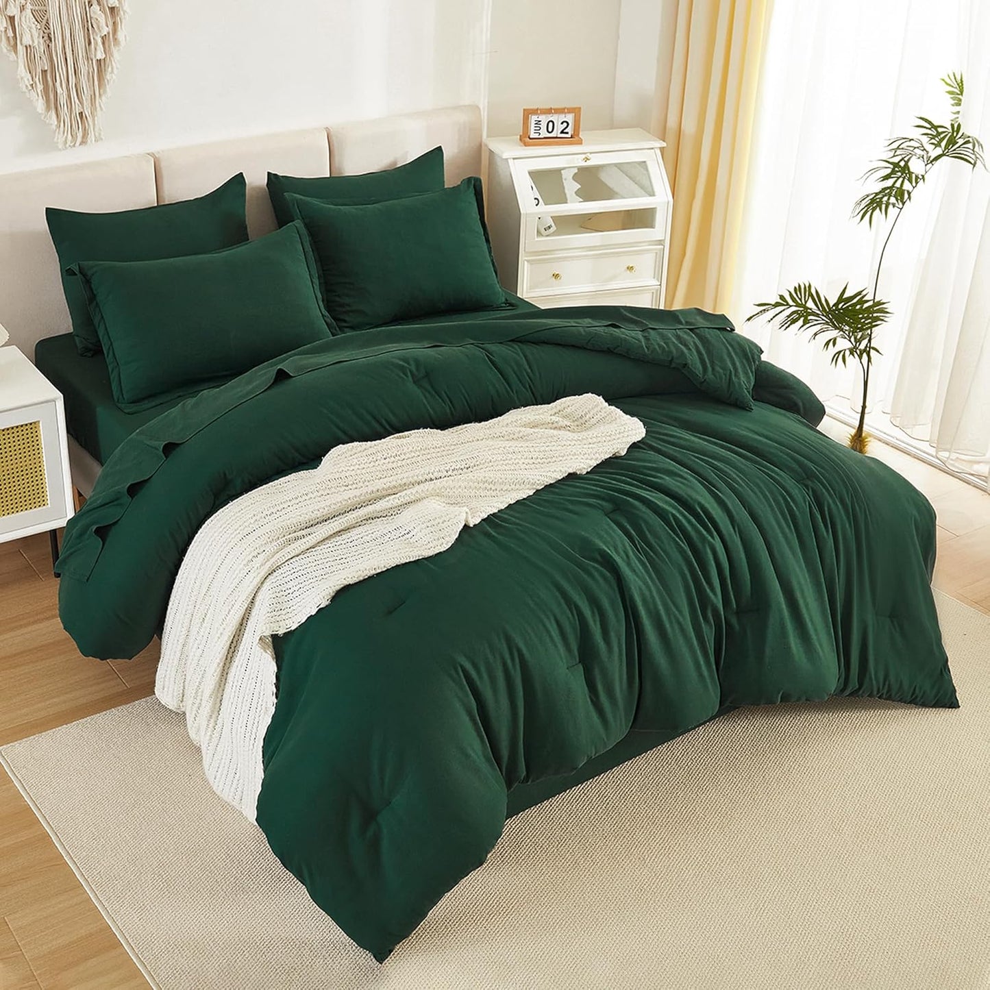 King Size Comforter Set Dark Emerald Green - 7 Pieces Bed in a Bag King Bedding Comforter Sets, Solid Lightweight Bed Set with Comforter, Sheets, Pillowcases & Shams