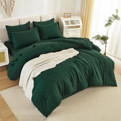 King Size Comforter Set Dark Emerald Green - 7 Pieces Bed in a Bag King Bedding Comforter Sets, Solid Lightweight Bed Set with Comforter, Sheets, Pillowcases & Shams