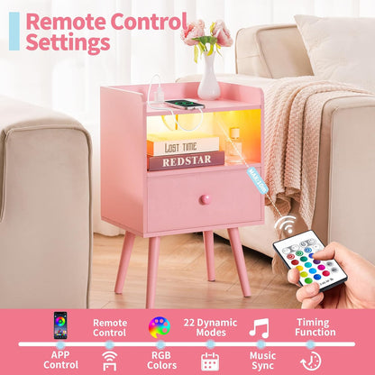 Nightstand with Charging Station, Modern Night Stand with LED Lights, Wood Nightstands with Fabric Drawer & Storage Shelf, Night Stands Bedside Table with USB Ports for Bedroom, Office, Home