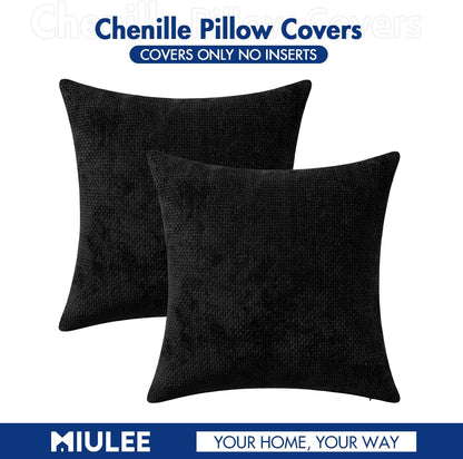 Pack of 2 Couch Throw Pillow Covers 18X18 Inch Black Modern Boho Accent Decorative Pillow Covers Soft Chenille Farmhouse Cushion Covers for Home Decor Bed Sofa Living Room