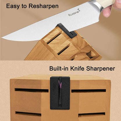 Kitchen Knife Set,High Carbon Stainless Steel Ultra Sharp Blade Ergonomic Handle,Knife Block Set with Built-In Sharpener,Elegant Gift for Holiday(Irovy-Acacia,15Pcs)