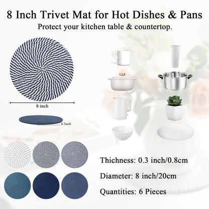 Trivets for Hot Dishes, 6 Pieces 8 Inches Cotton Trivets Mats for Kitchen, Hot Pads for Countertops and Table, Heat-Resistant Pot Holders for Hot Pots and Pans, 6Pcs