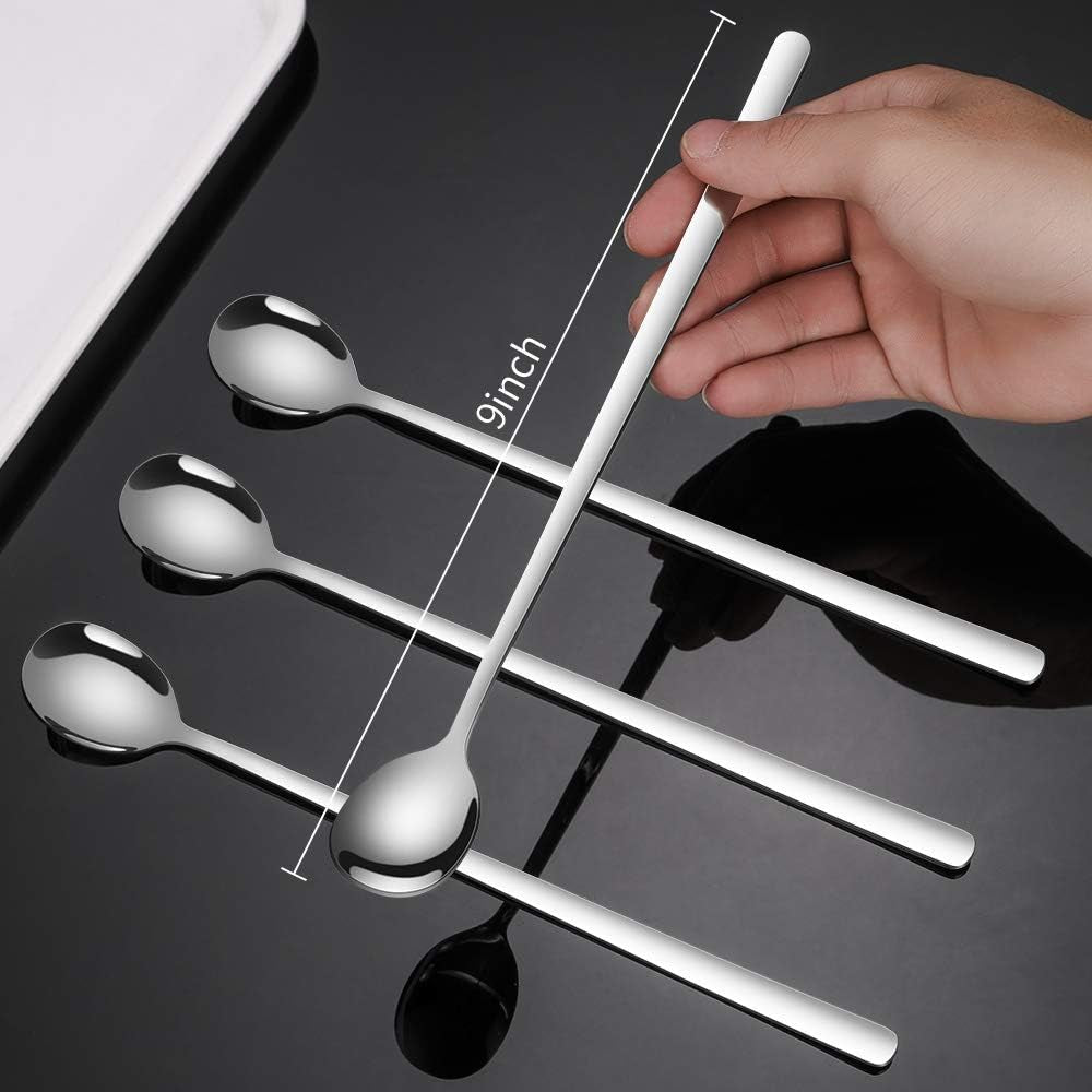9 Inches Long Handle Spoon, 4 Pieces Iced Coffee Spoons, Ice Cream Tea Spoon, Premium 18/8 Stainless Steel Cocktail Stirring Spoons for Mixing Milkshake Cold Drink