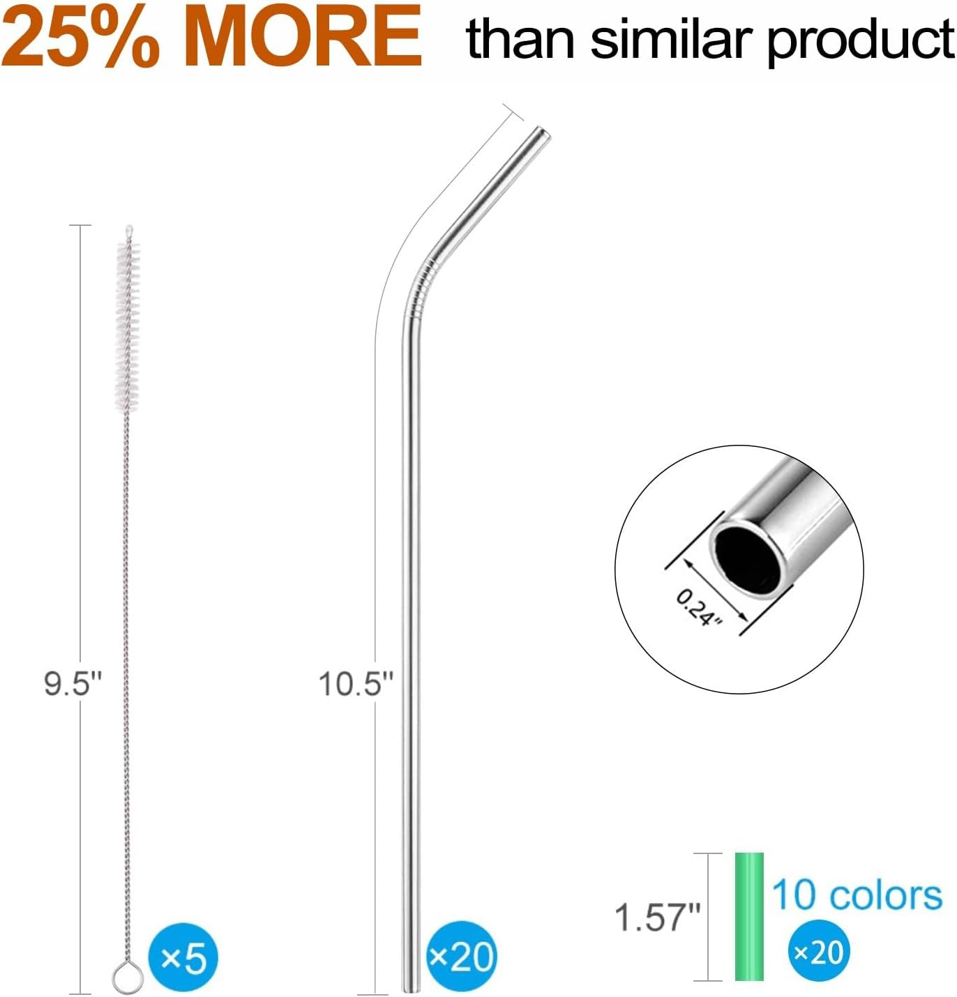 Set of 20 10.5" Reusable Bent Stainless Steel Straws with 20 Silicone Tips 5 Cleaning Brush 1 Travel Case Eco Friendly Extra Long Metal Straw Drinking for 20 24 30 Oz Tumbler
