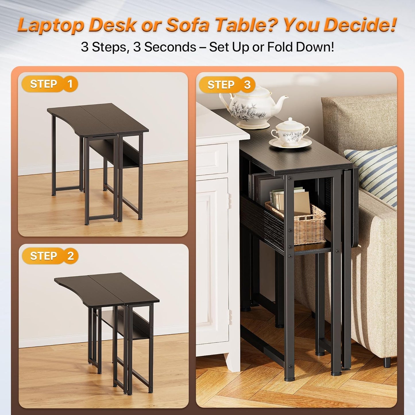 Folding Desk with Storage Shelf - 31.5 Inch Compact Computer Table for Small Spaces, Space-Saving Sofa Table, Ideal for Writing and Office Use, Easy to Fold, Black