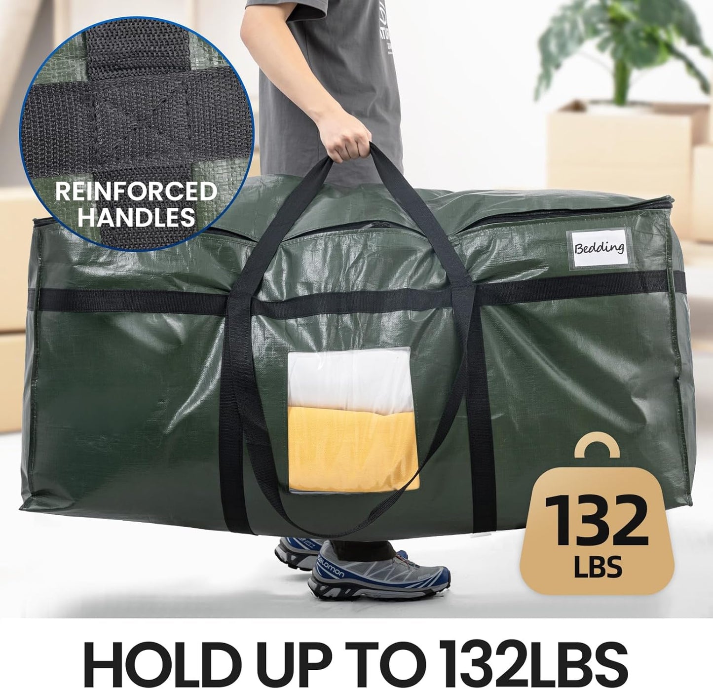69 Gallon Extra Large Storage Bags, XXL Green Heavy Duty Moving Bags for Storage with Visible Window, Wrap around Handles, Totes for Space Saving, Alternative to Moving Boxes (2 Pack)