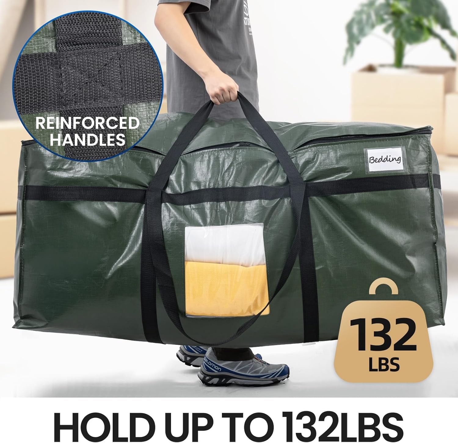 69 Gallon Extra Large Storage Bags, XXL Green Heavy Duty Moving Bags for Storage with Visible Window, Wrap around Handles, Totes for Space Saving, Alternative to Moving Boxes (2 Pack)