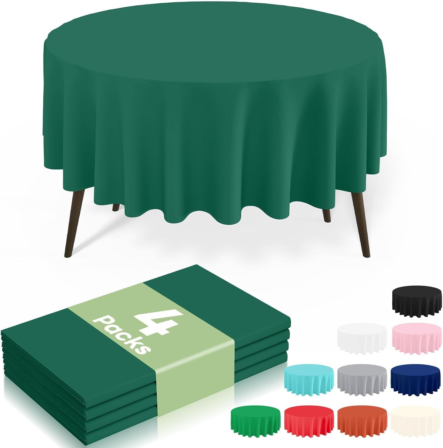 4 Packs Disposable Plastic Table Cloth, 84" round Waterproof Tablecloth, Leakproof & Sturdy Decorative Table Covers for Picnic, Party and Outdoor, Christmas Green