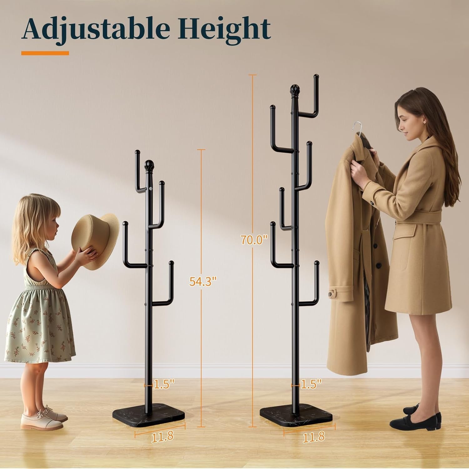 Coat Rack Freestanding with Natural Marble Base, Cactus Coat Tree with 6 L-Shaped Hooks, Heavy Duty Coat Hanger Stand, Metal Coat Rack Stand for Entryway, Hall Tree for Jacket/Hat/Clothes/Bag