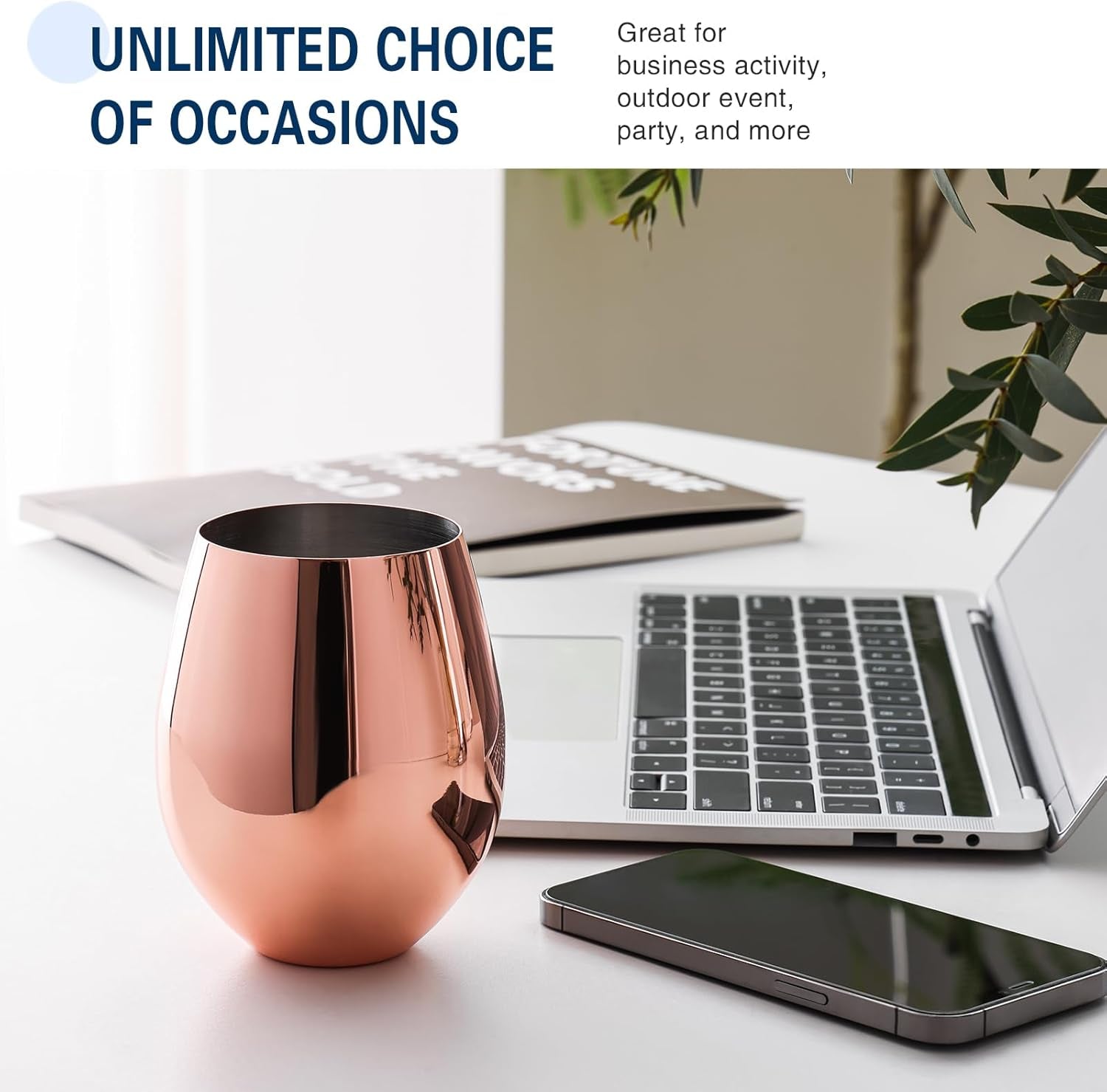 Rose Gold Wine Glasses Set of 4, 18Oz Copper Wine Glasses, Stemless Stainless Steel Wine Glasses, Unbreakable Metal Wine Glass for Outdoor, Travel, Camping, Ideal Wine Accessories Gift