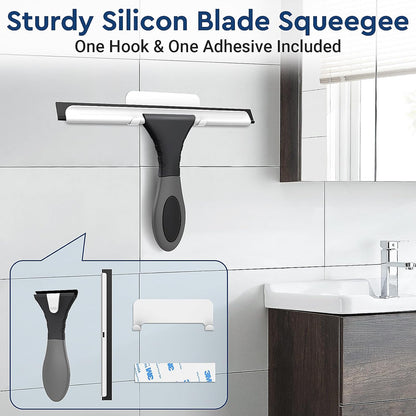 All-Purpose Silicone Shower Squeegee for Glass, Window, Door, Mirror, Car Windshield & Tile Wall, Portable Cleaner Tools, Includes One Hook & One Adhesive,10 Inches (Black)