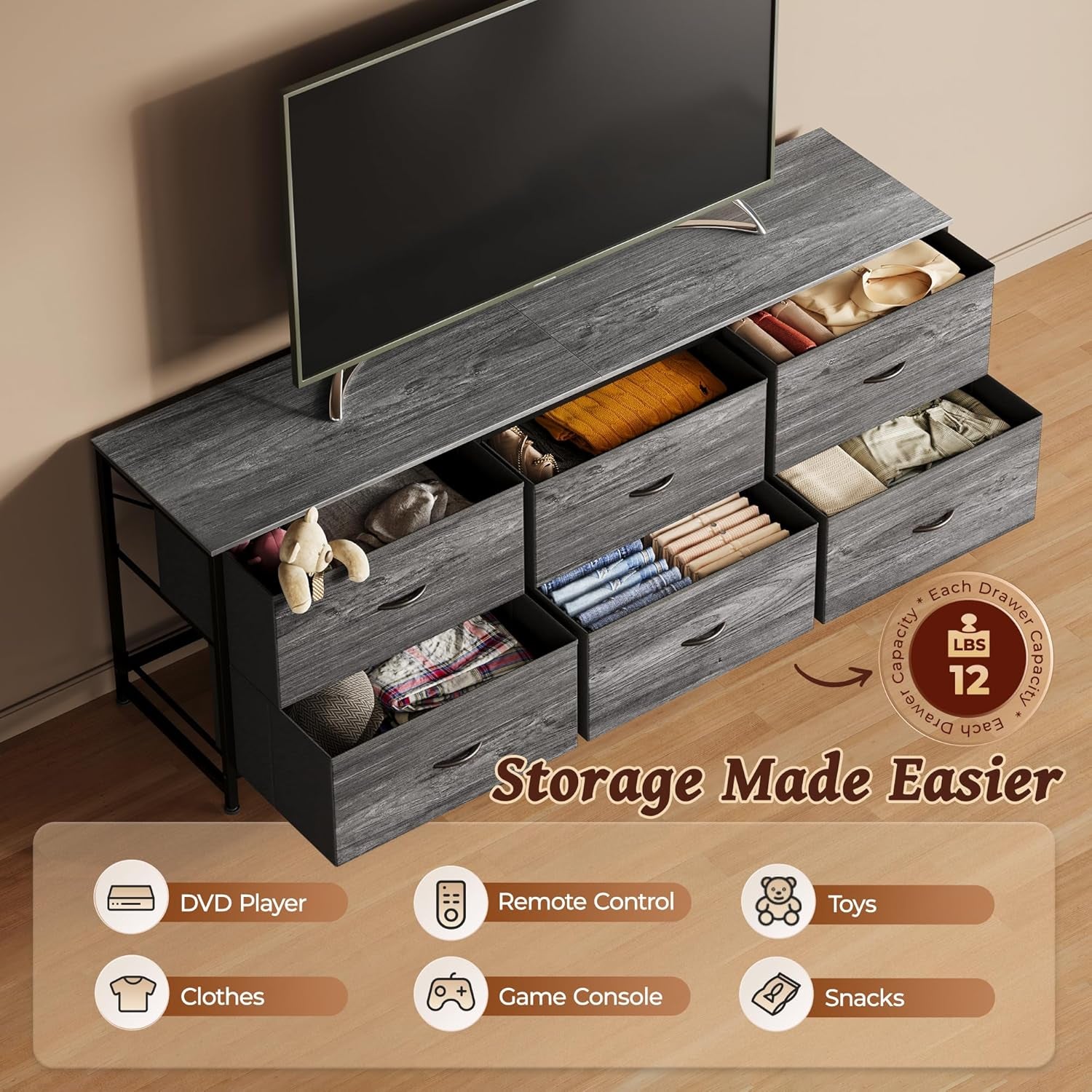 63-Inch Dresser and TV Stand Combination for Bedrooms, Accommodates 55 to 70 Inch TVs, Features 6 Fabric-Drawer Storage Solution, Ideal for Bedroom and Entryway, Grey Finish