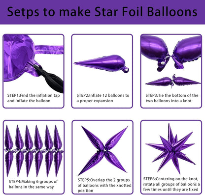 Purple Balloons Mylar Star Balloon 60Pcs Foil Spike Balloons Explosion Large Prom Ballons for Birthday Halloween Bachelorette Anniversary Wedding Engagement Party Decorations