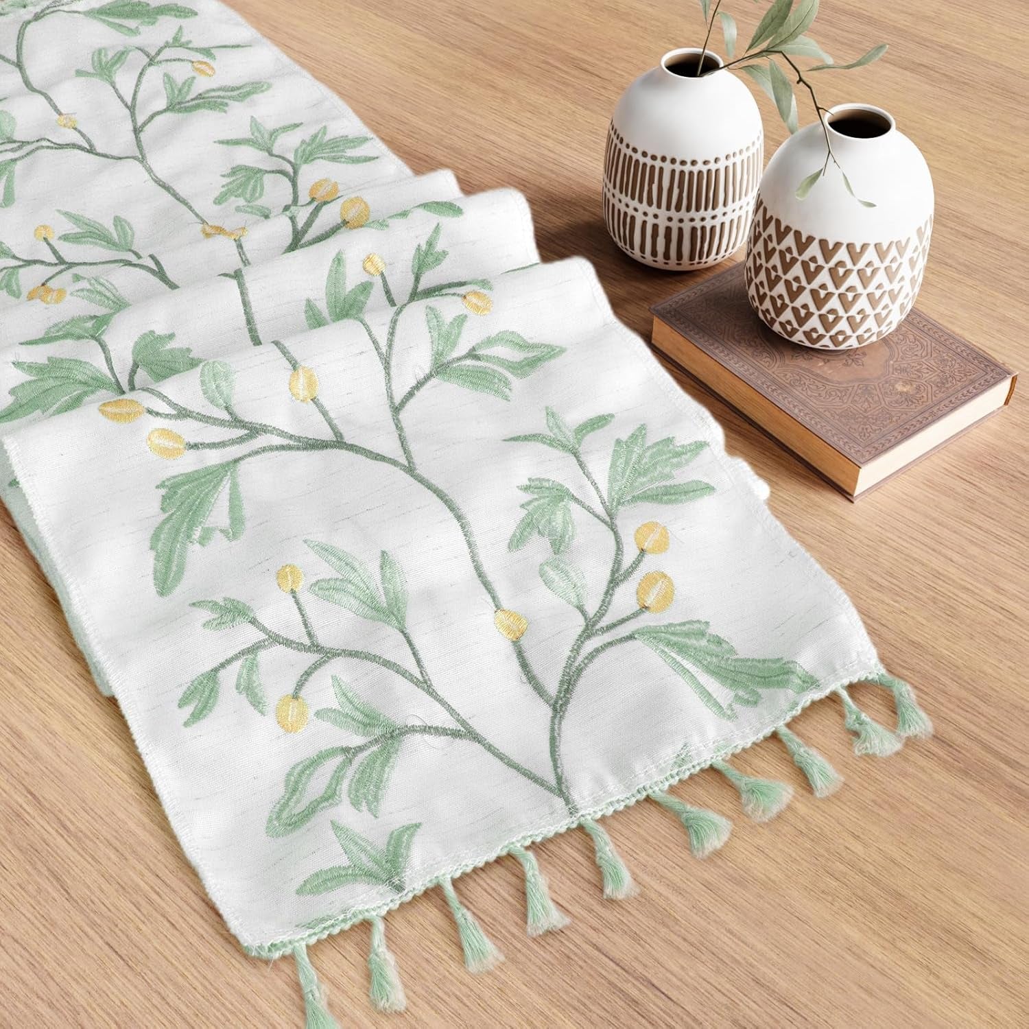 Boho Table Runner with Tassels,Burlap Table Runners 72 Inches Long Room Decor Aesthetic Rustic Farmhouse Summer Decorations for Living Room Green Tree Pattern (12X72 Inches)
