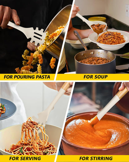 Silicone Soup Ladle and Spaghetti Spoon Set with Wooden Handle, Non Stick Heat Resistant Kitchen Utensils for Cooking, Stirring, Serving Pasta, Soup & Sauce(Khaki)