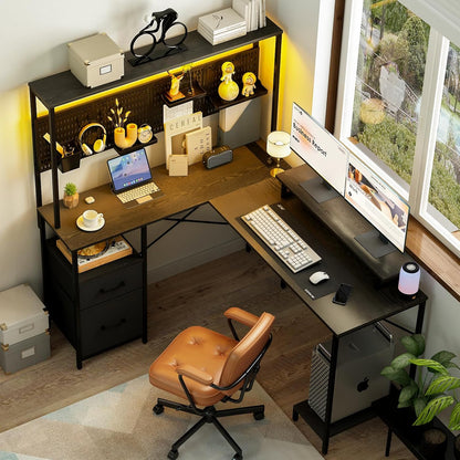 L Shaped Desk with Pegboard, Reversible Computer Desk with Drawers & Storage Shelves, Gaming Desk with LED Lights & Power Outlets, Office Desk with Monitor Stand Corner Desk Home Office Desks