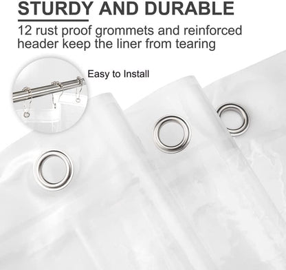 Shower Curtain Liner and Hooks Set-  12PCS Rust Proof Stainless Steel Shower Curtain Hooks Rings with bath 72X72 Clear Plastic Shower Curtain Liner