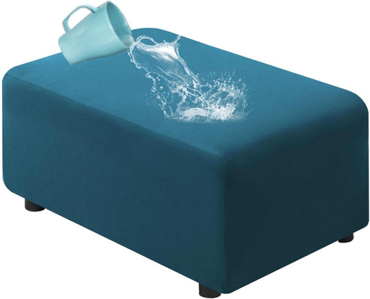 100% Waterproof Ottoman Cover Rectangle Stretch Velvet Ottoman Slipcovers for Living Room with Nonslip Elastic Bottom Furniture Protector Thick Soft Fleece Fabric (Large, Peacock Blue)
