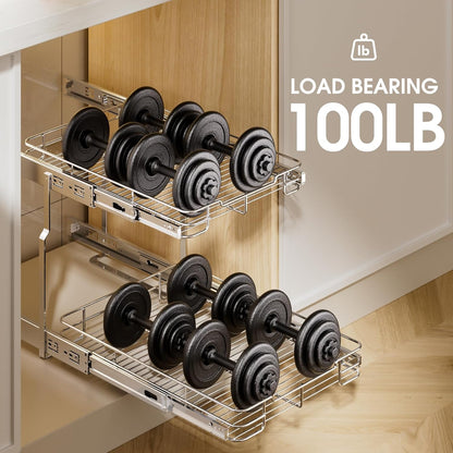 Pull Out Cabinet Organizer, Heavy Duty Cabinet Shelf Organizers, 2 Tier Cabinet Slide Out Shelves for Kitchen, Pantry, Bathroom, 14" W X 21" D