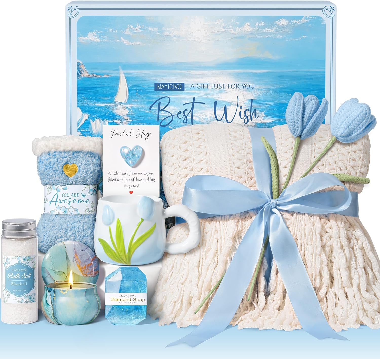 Birthday Gifts for Women Self Care Set Get Well Soon Gift Baskets, Relaxing Bluebell Spa Gift Basket Care Package for Women, Unique Xmas Gifts for Mom Her Girlfriend Sister Friend Wife Grandma