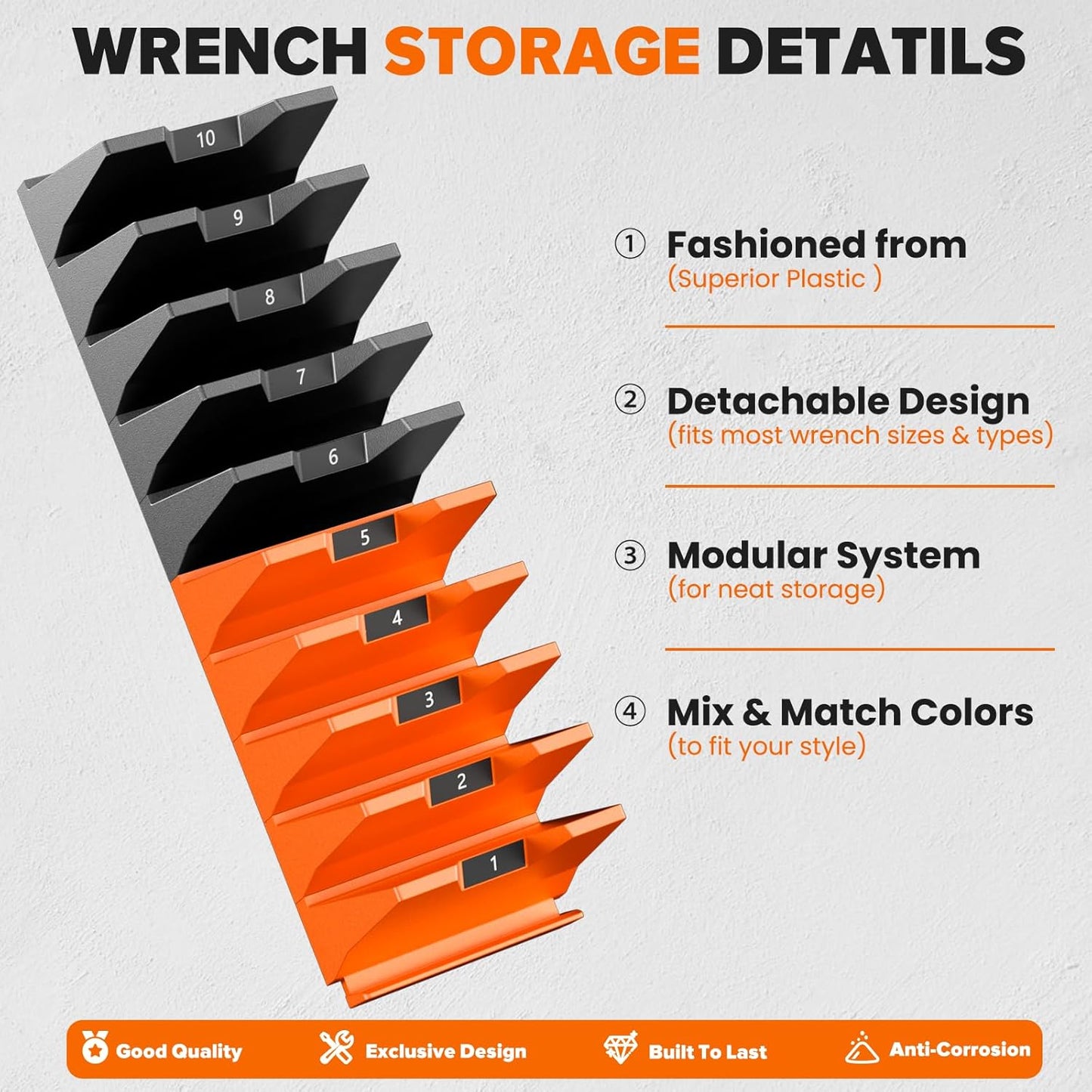 40PCS Modular Wrench Organizer - Wrench Tool Organizers for Tool Drawer Storage, Wrench Storage Set with Metric & SAE Label, Wrenches Rack Tool Gift for Professional Mechanics Men, Black & Orange