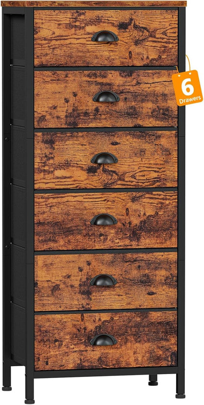 Industrial-Style Tall Dresser with 6 Drawers, Vertical End Table, and Nightstand for Bedroom, Featuring Fabric Storage Drawer Organizer for Living Room, Closet, and Entryway (Rustic Brown)