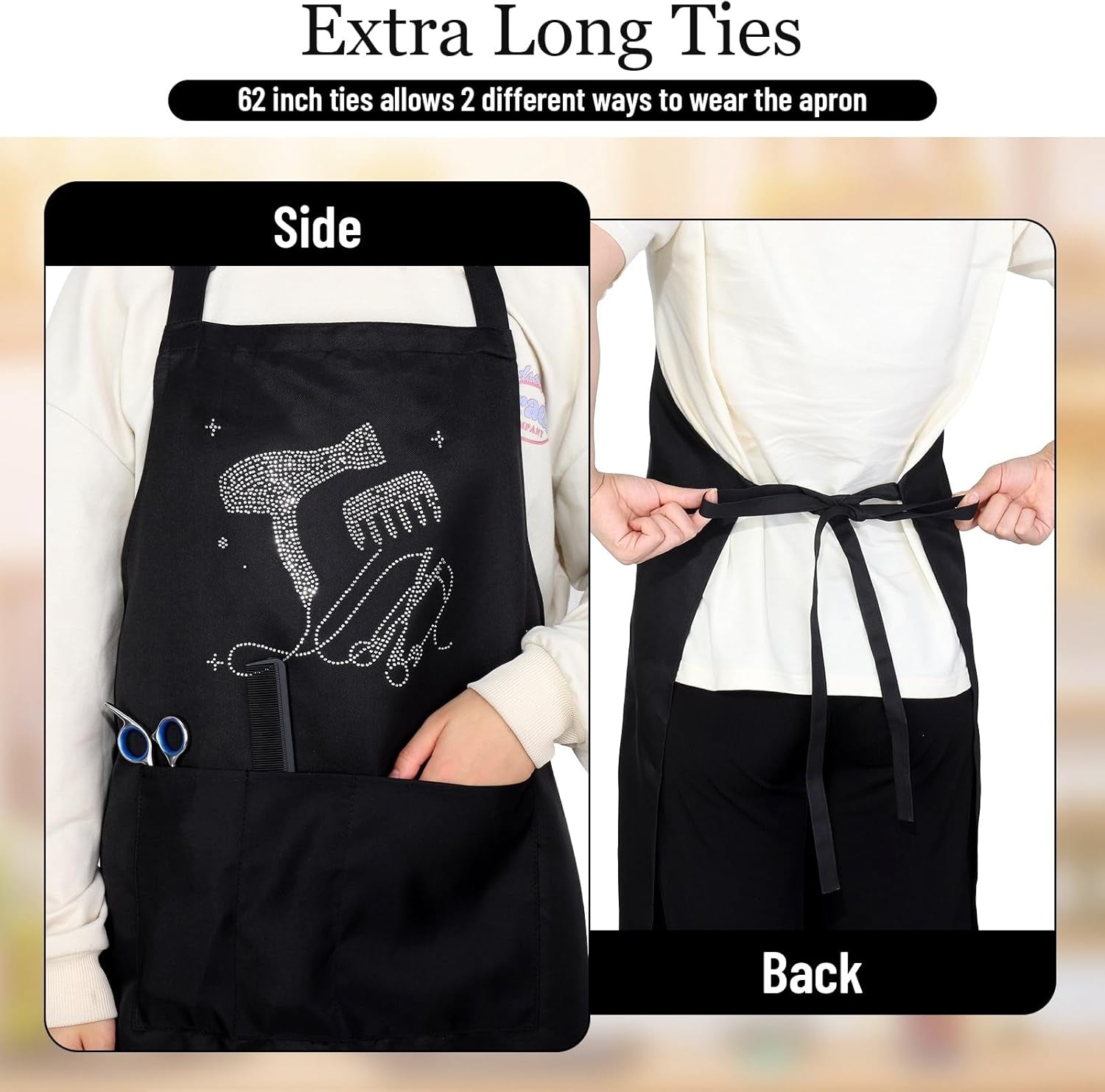 Auidy 6TXD 2Pcs Black Rhinestone Hair Stylist Apron, Classic Design with Three Pockets, Adjustable, Waterproof, Unisex-Adults