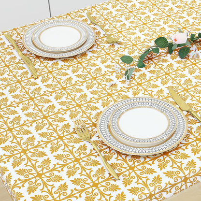 Rectangle Vinyl Table Cloth, Elastic Fitted Flannel Backed Tablecloth, 100% Waterproof Plastic Table Cover Fits 6 Foot Folding Tables for Picnic, Camping, Outdoor (Gold, 30" X 72")