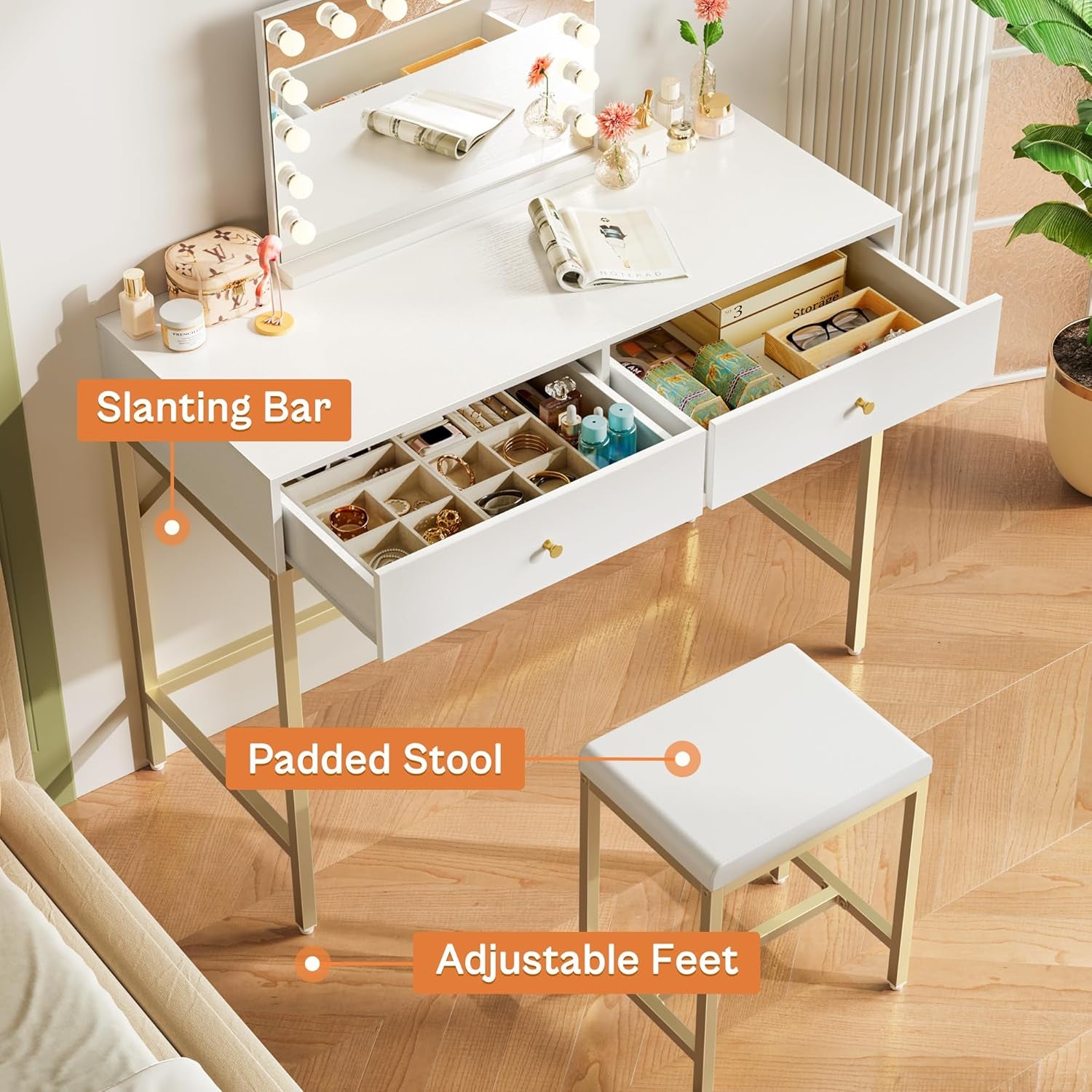 35.4" White and Gold Modern Desk with Two Drawers, Makeup Vanity Set with Padded Stool, Compact Home Office Writing Desk for Study and Bedroom